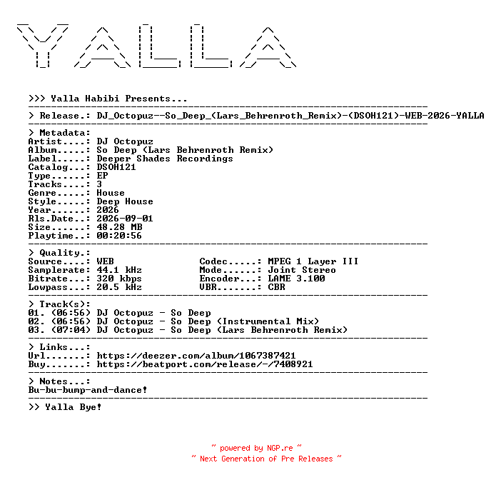 NFO for the release DJ_Octopuz--So_Deep_(Lars_Behrenroth_Remix)-(DSOH121)-WEB-2026-YALLA by YALLA