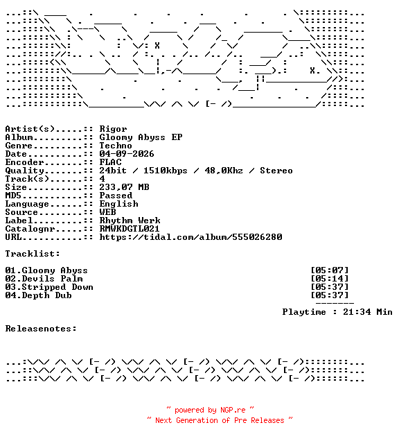 NFO for the release Rigor-Gloomy_Abyss_EP-RMWKDGTL021-24BIT-WEB-FLAC-2026-WAVED by WAVED