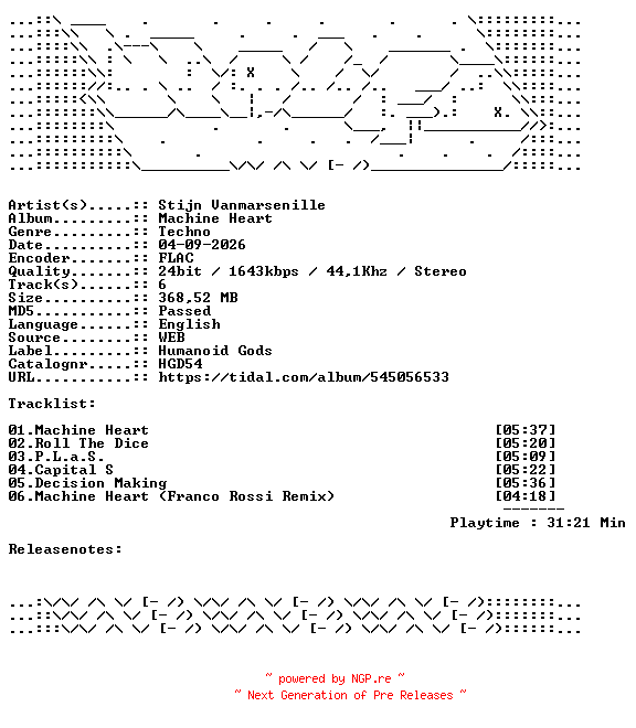 NFO for the release Stijn_Vanmarsenille-Machine_Heart-HGD54-24BIT-WEB-FLAC-2026-WAVED by WAVED