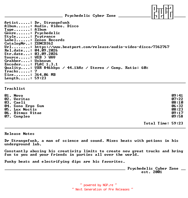 NFO for the release Dr._Strangefunk-Audio._Video._Disco-(ZENCD362)-WEB-FLAC-2026-PsyCZ by PsyCZ