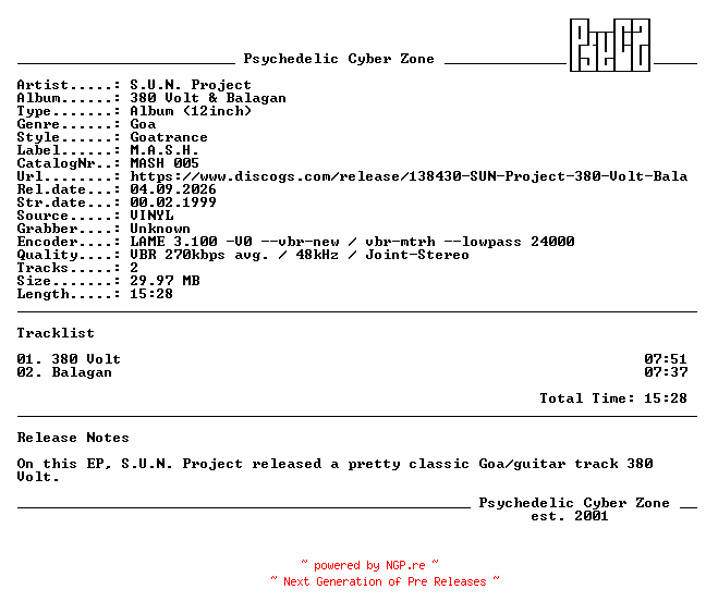 NFO for the release S.U.N._Project_-_380_Volt_And_Balagan-(MASH_005)-12inch-LP-1999-PsyCZ_iNT by PsyCZ_iNT
