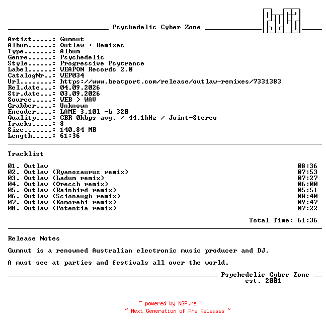 NFO for the release Gumnut_-_Outlaw___Remixes-(WEP034)-WEB-2026-PsyCZ by PsyCZ