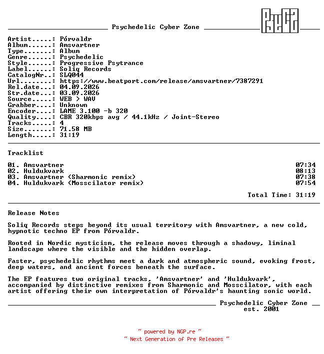 NFO for the release Porvaldr_-_Amsvartner-(SLQ044)-WEB-2026-PsyCZ by PsyCZ