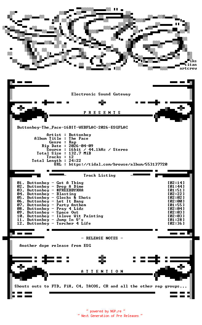 NFO for the release Buttonboy-The_Face-16BIT-WEBFLAC-2026-ESGFLAC by ESGFLAC