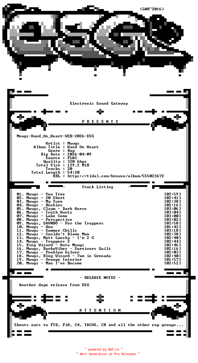 NFO for the release Mowgs-Hand_On_Heart-WEB-2026-ESG by ESG