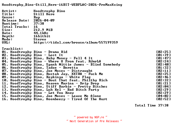 NFO for the release Hoodtrophy_Bino-Still_Here-16BIT-WEBFLAC-2026-PreMaxXxing by PreMaxXxing