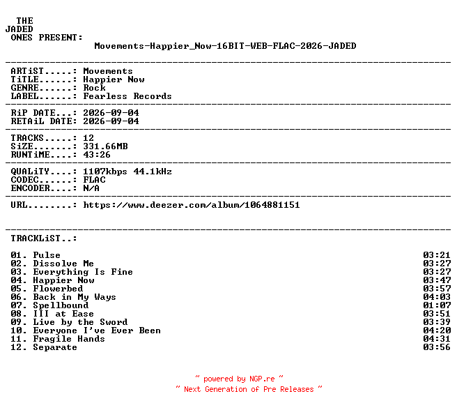 NFO for the release Movements-Happier_Now-16BIT-WEB-FLAC-2026-JADED by JADED