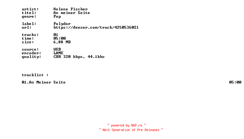 NFO for the release Helene_Fischer_-_An_Meiner_Seite-SINGLE-WEB-DE-2026-BITCOINS by BITCOINS