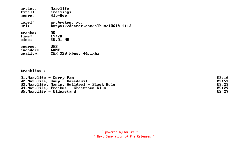 NFO for the release Marvlife_-_Crossings-WEB-DE-2026-BITCOINS by BITCOINS