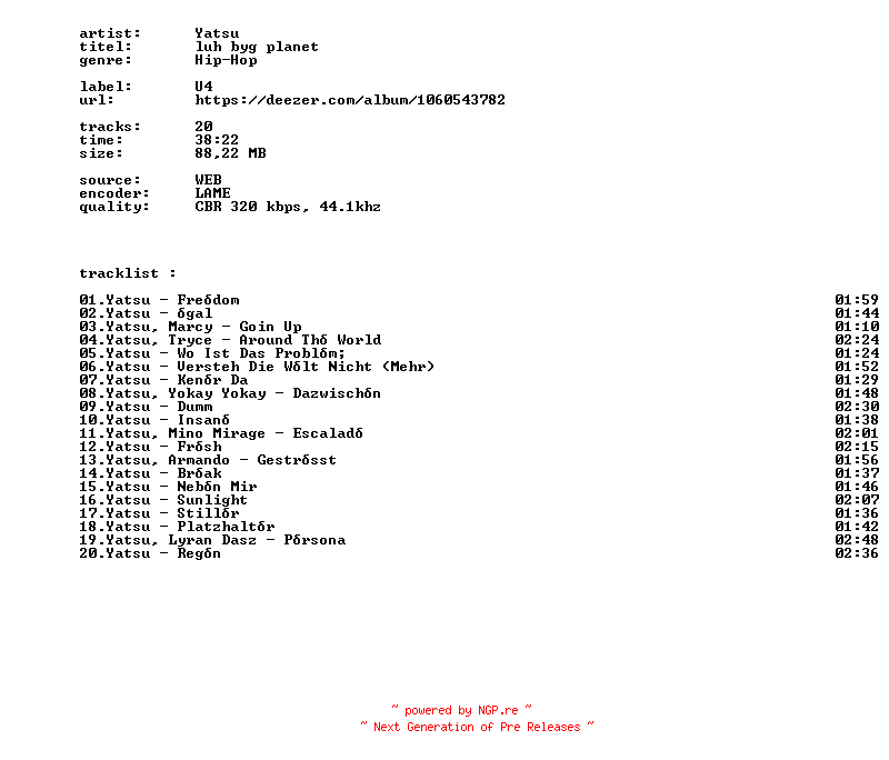 NFO for the release Yatsu_-_Luh_Byg_Planet-WEB-DE-2026-BITCOINS by BITCOINS