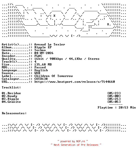 NFO for the release Arnaud_Le_Texier-Ripple_EP-COTD138-16BIT-WEB-FLAC-2026-WAVED by WAVED