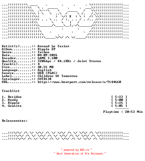 NFO for the release Arnaud_Le_Texier-Ripple_EP-COTD138-WEB-2026-WAV by WAV