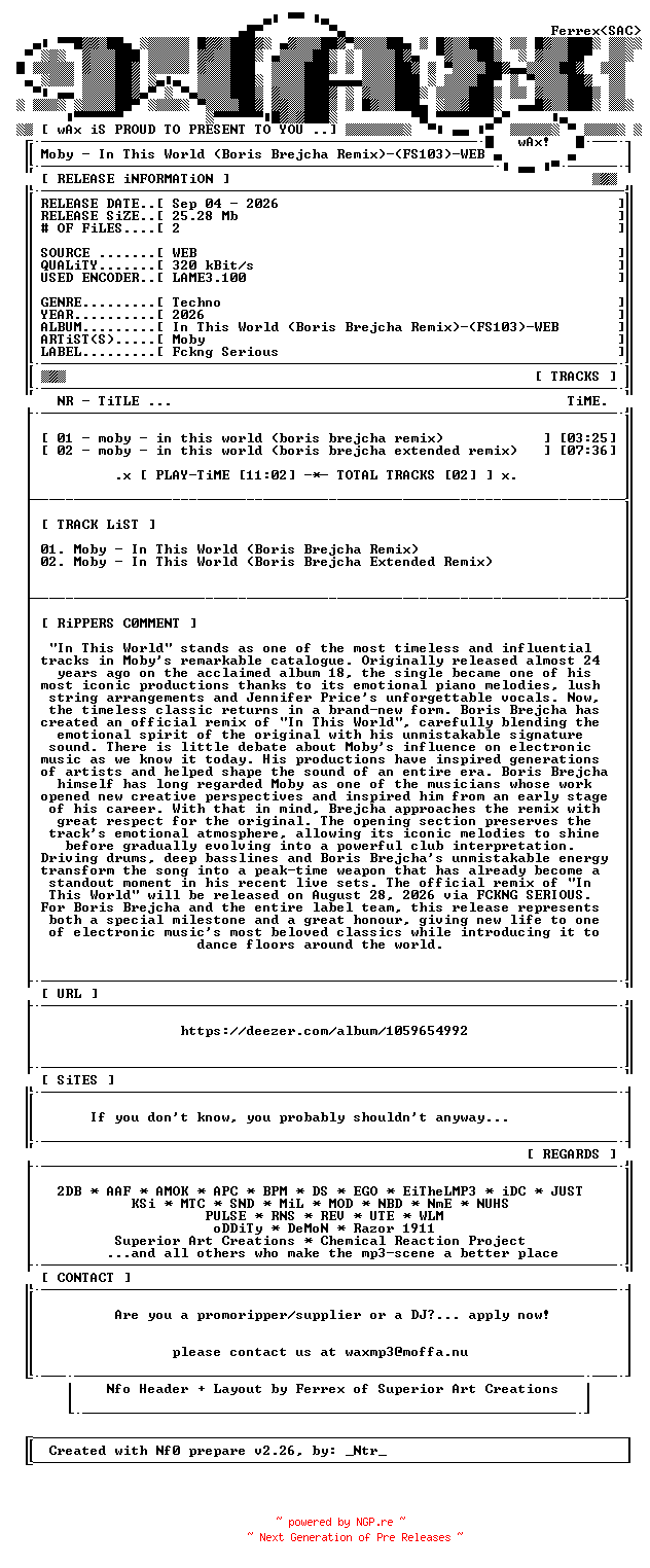 NFO for the release Moby-In_This_World_(Boris_Brejcha_Remix)-(FS103)-WEB-2026-wAx by wAx