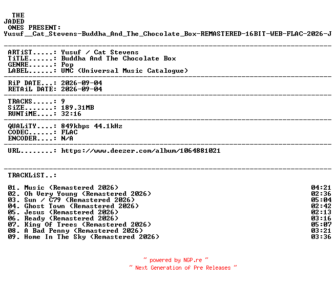 NFO for the release Yusuf__Cat_Stevens-Buddha_And_The_Chocolate_Box-REMASTERED-16BIT-WEB-FLAC-2026-JADED by JADED