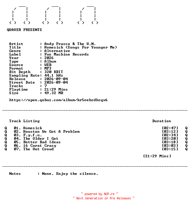 NFO for the release Andy_Frasco_and_The_U.N.-Homesick_(Songs_For_Younger_Me)-EP-WEB-2026-QUAVER by QUAVER