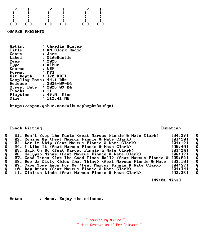 NFO for the release Charlie_Hunter-AM_Clock_Radio-WEB-2026-QUAVER by QUAVER
