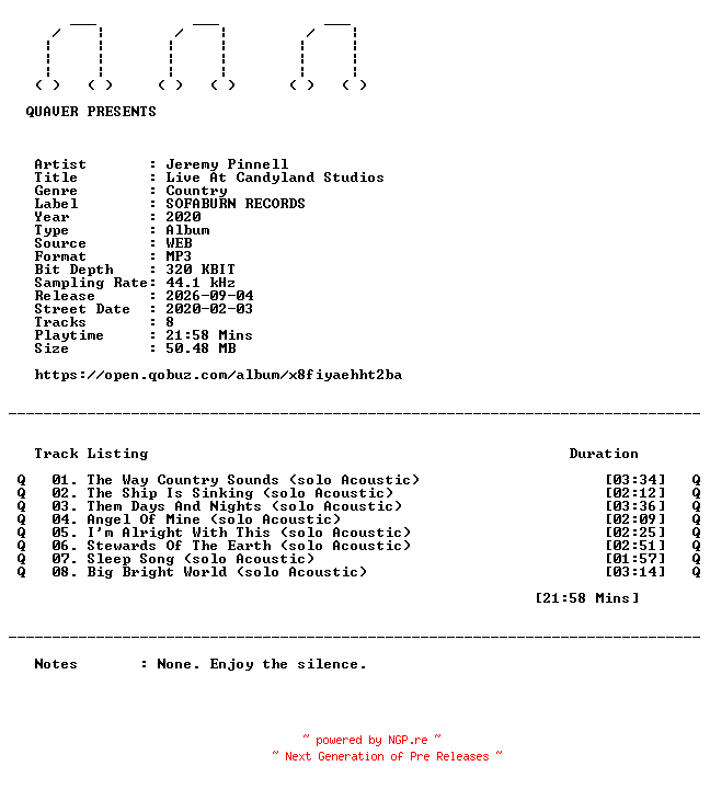 NFO for the release Jeremy_Pinnell-Live_At_Candyland_Studios-WEB-2020-QUAVER by QUAVER
