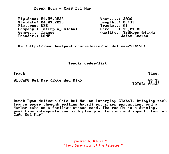 NFO for the release Derek_Ryan_-_Cafe_Del_Mar-(ITPG307)-SINGLE-WEB-2026-FMC by FMC