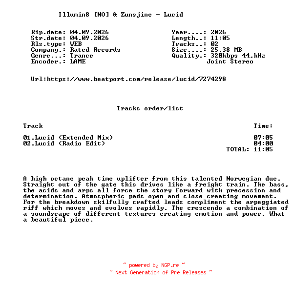 NFO for the release Illumin8_(NO)_And_Zunsjine_-_Lucid-(RRU035)-WEB-2026-FMC by FMC