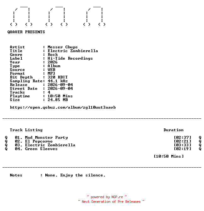 NFO for the release Messer_Chups-Electric_Zombierella-EP-WEB-2026-QUAVER by QUAVER