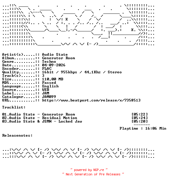 NFO for the release Audio_State-Generator_Room-JAM099-16BIT-WEB-FLAC-2026-WAVED by WAVED