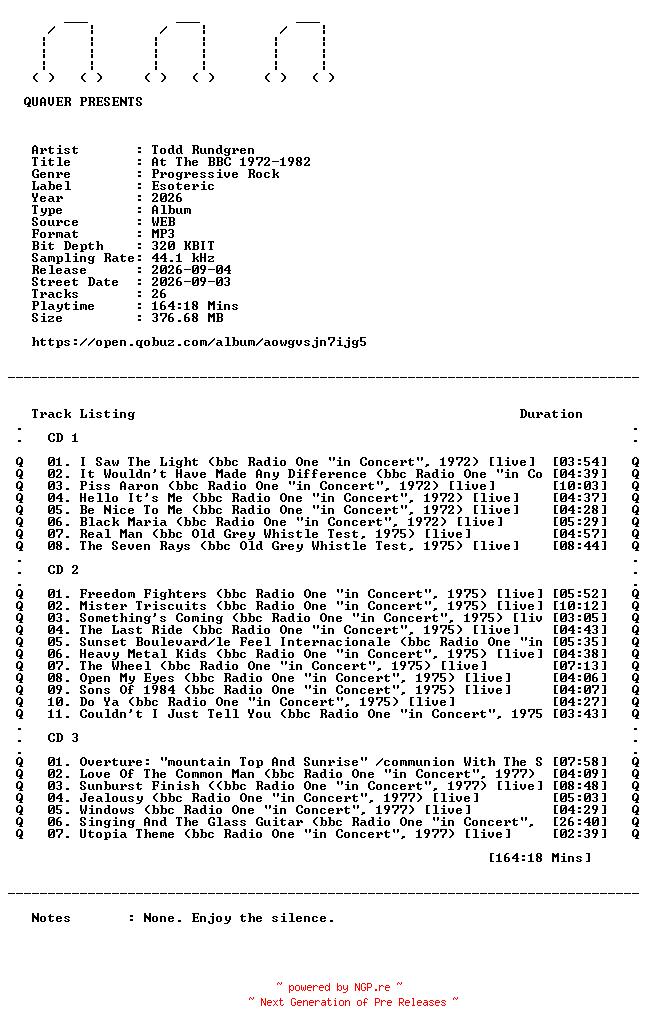 NFO for the release Todd_Rundgren-At_The_BBC_1972-1982-WEB-2026-QUAVER by QUAVER