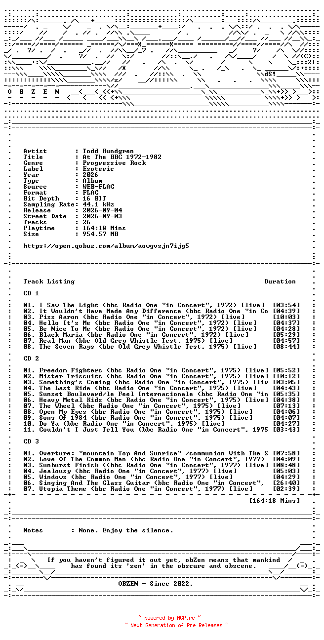 NFO for the release Todd_Rundgren-At_The_BBC_1972-1982-16BIT-WEB-FLAC-2026-OBZEN by OBZEN