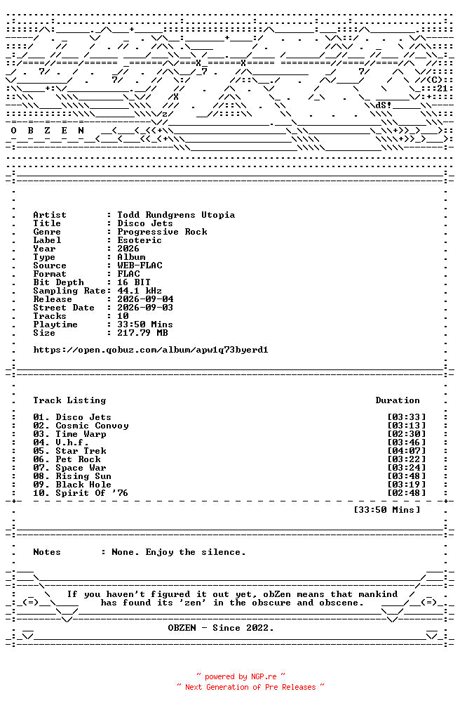NFO for the release Todd_Rundgrens_Utopia-Disco_Jets-16BIT-WEB-FLAC-2026-OBZEN by OBZEN