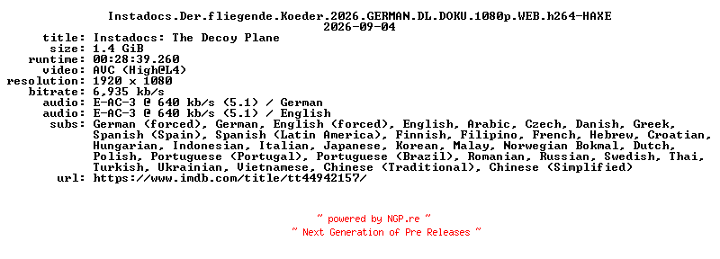NFO for the release Instadocs.Der.fliegende.Koeder.2026.GERMAN.DL.DOKU.1080p.WEB.h264-HAXE by HAXE