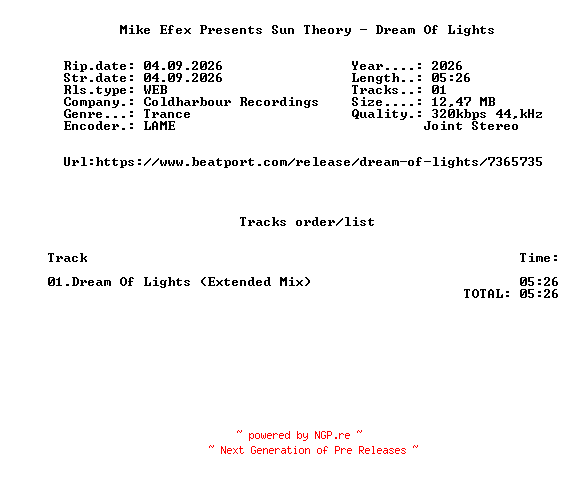 NFO for the release Mike_Efex_Presents_Sun_Theory_-_Dream_Of_Lights-(CLHR684)-SINGLE-WEB-2026-FMC by FMC