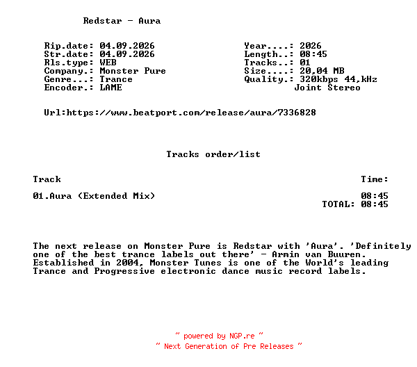 NFO for the release Redstar_-_Aura-(MPURE173)-SINGLE-WEB-2026-FMC by FMC