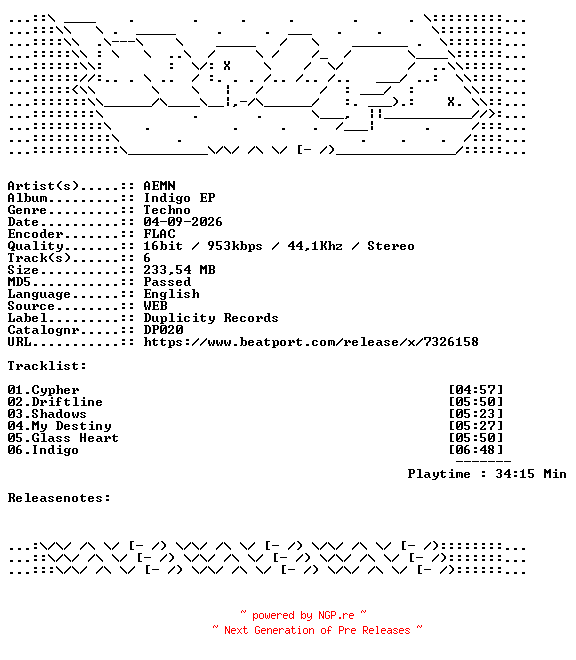 NFO for the release AEMN-Indigo_EP-DP020-16BIT-WEB-FLAC-2026-WAVED by WAVED
