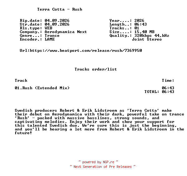 NFO for the release Terra_Cotta_-_Rush-(NEXT002)-SINGLE-WEB-2026-FMC by FMC