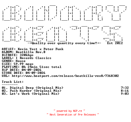 NFO for the release Kevin_Yost_x_Peter_Funk-Beatkilla_Rev.8-(IRECEPIRECES326D3TRSPDBP)-WEB-2026-BB by BB