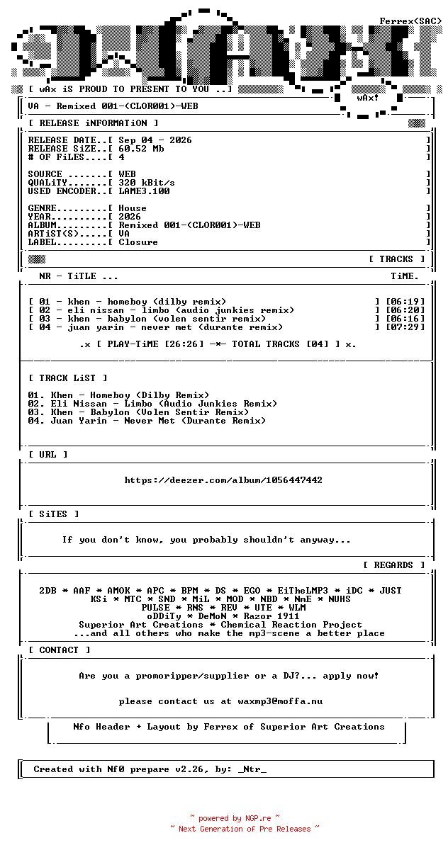 NFO for the release VA-Remixed_001-(CLOR001)-WEB-2026-wAx by wAx