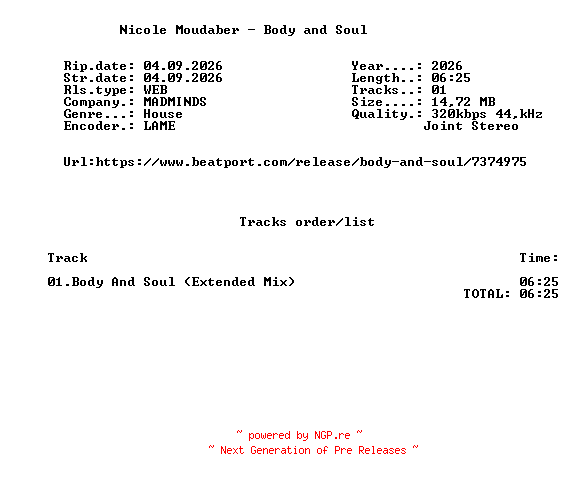 NFO for the release Nicole_Moudaber_-_Body_And_Soul-(MADM016)-SINGLE-WEB-2026-FMC by FMC