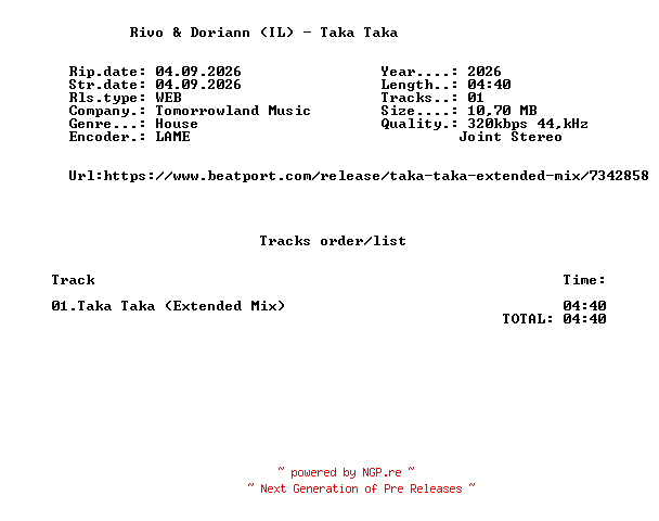 NFO for the release Rivo_And_Doriann_(IL)_-_Taka_Taka-(TML352)-SINGLE-WEB-2026-FMC by FMC