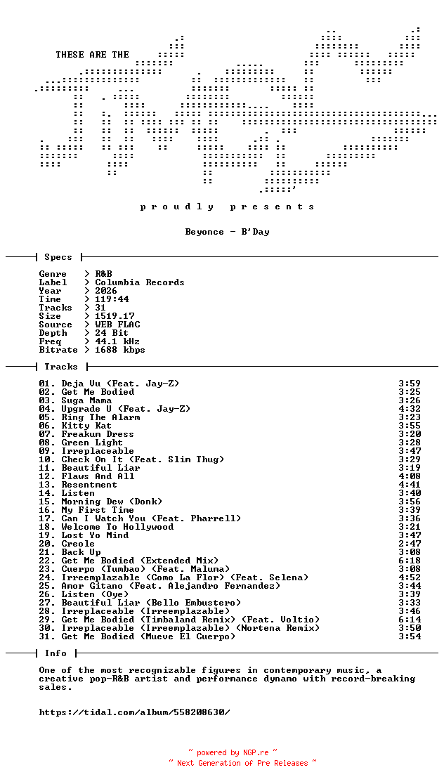 NFO for the release Beyonce-BDay-20th_Anniversary_Deluxe_Edition-24BIT-WEB-FLAC-2026-TiMES by TiMES