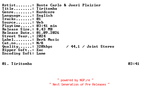 NFO for the release Bonte_Carlo_and_Joeri_Plaizier-Tiritomba-SINGLE-WEB-2024-XTC_iNT by XTC_iNT