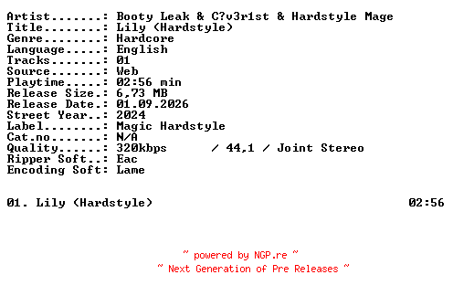 NFO for the release Booty_Leak_and_Cv3r1st_and_Hardstyle_Mage-Lily_(Hardstyle)-SINGLE-WEB-2024-XTC_iNT by XTC_iNT