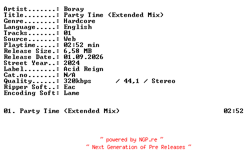 NFO for the release Boray-Party_Time_(Extended_Mix)-SINGLE-WEB-2024-XTC_iNT by XTC_iNT
