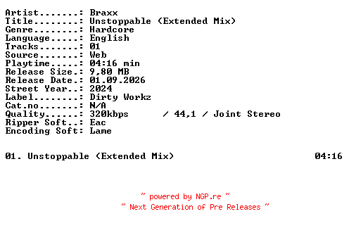 NFO for the release Braxx-Unstoppable_(Extended_Mix)-SINGLE-WEB-2024-XTC_iNT by XTC_iNT