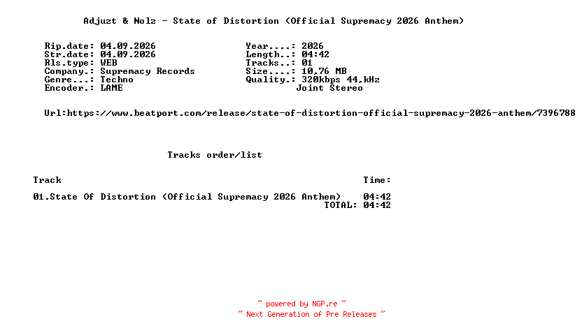 NFO for the release Adjuzt_And_Nolz_-_State_Of_Distortion_(Official_Supremacy_2026_Anthem)-(SUP016)-SINGLE-WEB-2026-FMC by FMC