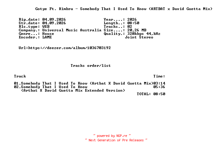 NFO for the release Gotye_Ft._Kimbra_-_Somebody_That_I_Used_To_Know_(ARTBAT_X_David_Guetta_Mix)-WEB-2026-FMC by FMC