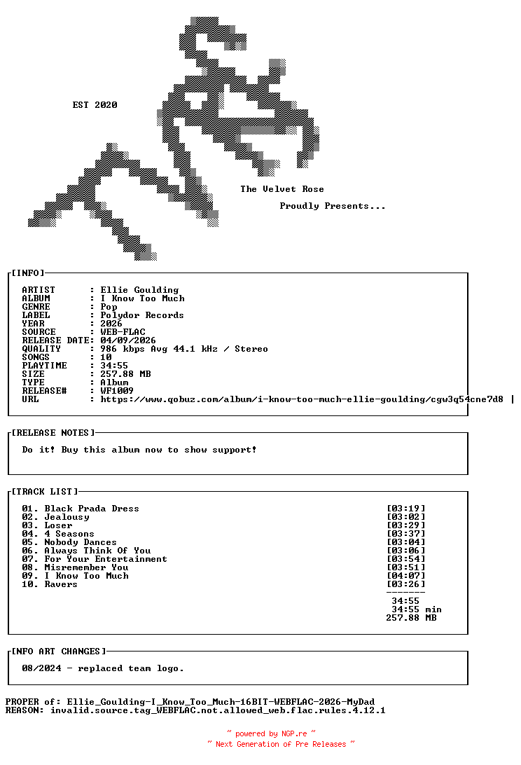 NFO for the release Ellie_Goulding-I_Know_Too_Much-PROPER-16BIT-WEB-FLAC-2026-TVRf by TVRf