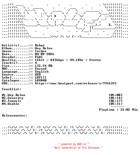 NFO for the release Rohar-Way_Below-LXV040-16BIT-WEB-FLAC-2026-WAVED by WAVED