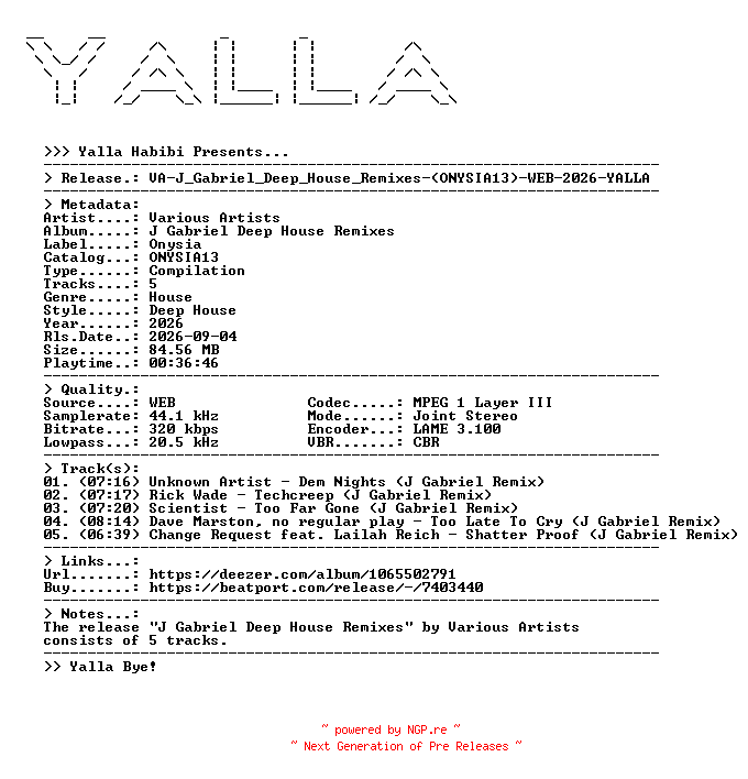 NFO for the release VA-J_Gabriel_Deep_House_Remixes-(ONYSIA13)-WEB-2026-YALLA by YALLA