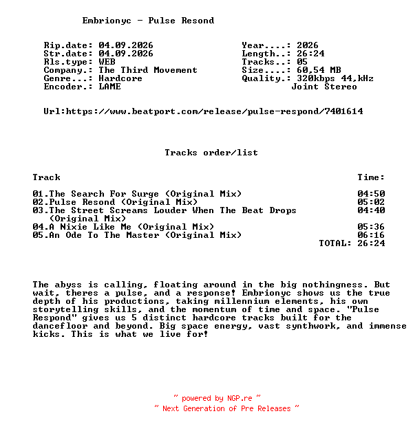 NFO for the release Embrionyc_-_Pulse_Resond-(T3RDM0490)-WEB-2026-FMC by FMC