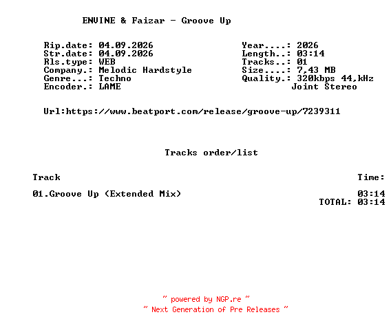 NFO for the release ENVINE_And_Faizar_-_Groove_Up-(MH089E)-SINGLE-WEB-2026-FMC by FMC