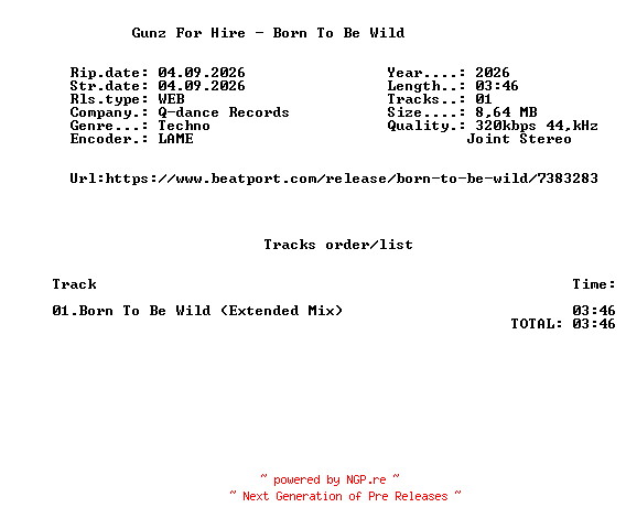 NFO for the release Gunz_For_Hire_-_Born_To_Be_Wild-(Q403PRO)-SINGLE-WEB-2026-FMC by FMC